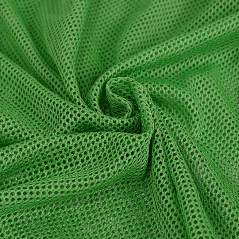 Draped emerald green mesh fabric demonstrating soft fabric folds and breathable hollow knit weave