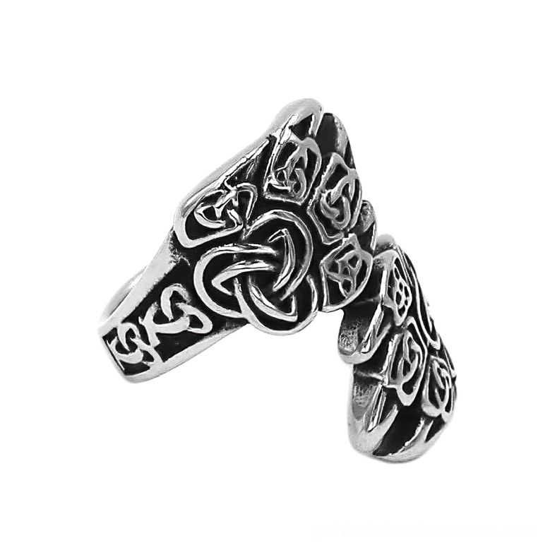 Dual bear claw wrap ring with intricate Triquetra Celtic knot patterns, gothic style jewelry