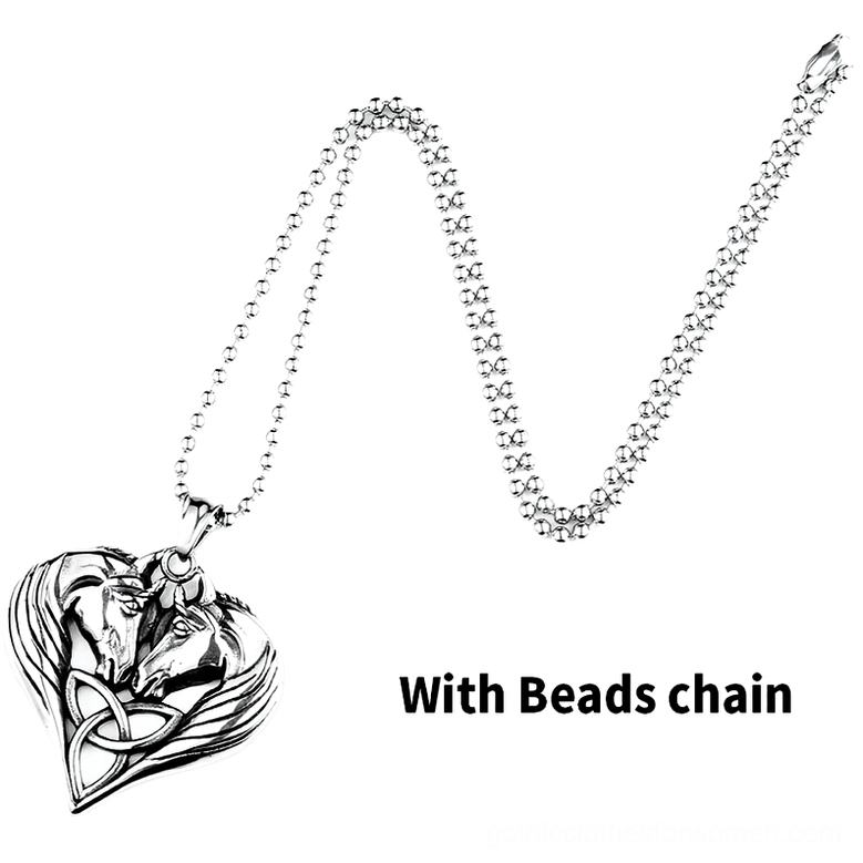 Gothic heart pendant necklace with dual horses on twisted chain, full lay-flat display showing complete necklace configuration with beaded chain