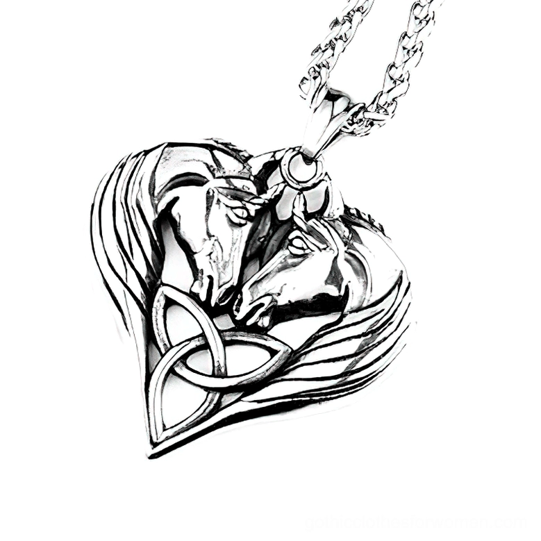 Dual horse heart gothic pendant necklace in polished silver stainless steel, close-up top view showing intricate Celtic knotwork and carved horse profile details