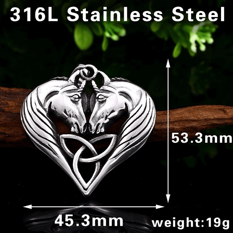 Stainless steel dual horse heart pendant on rustic wooden background, detailed view showing 316L material specifications and Celtic knotwork frame