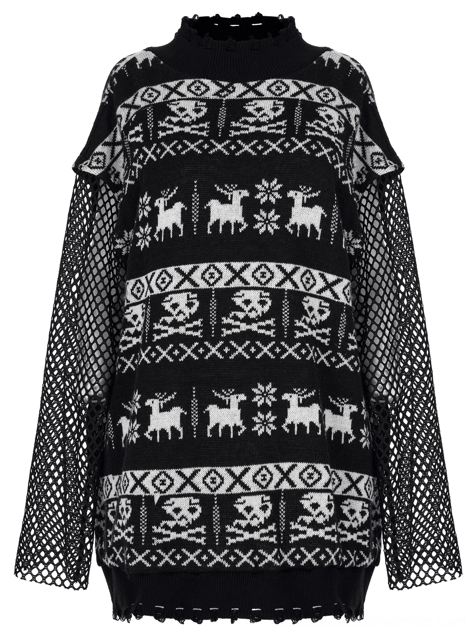 Asymmetrical skull pullover with dual sleeve styles - solid knit and fishnet sleeves comparison