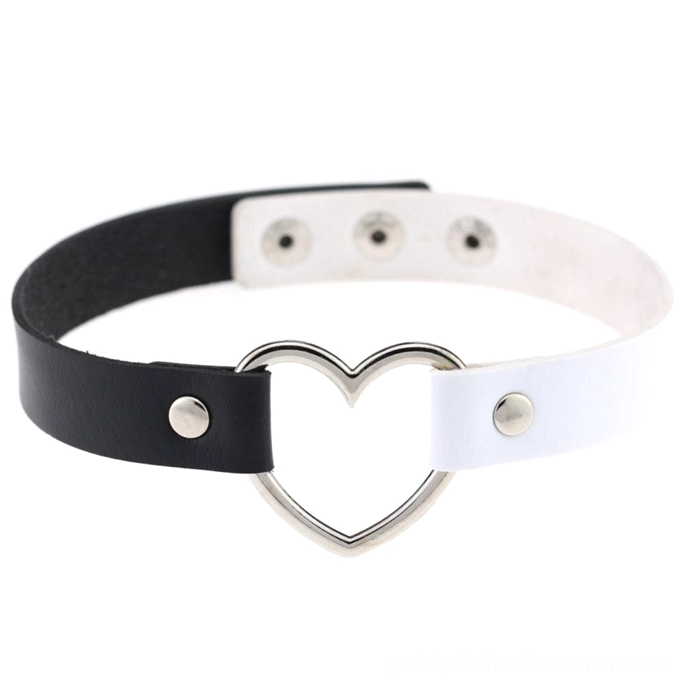 Black and white contrasting PU leather gothic choker with metal heart pendant and snap fastening system