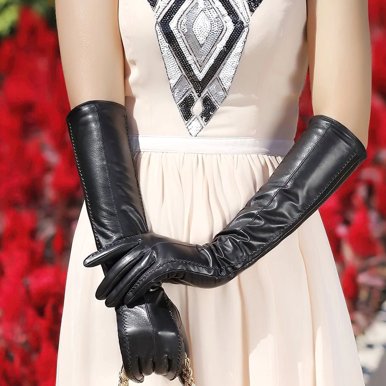 Elbow-length women's sheepskin gloves with vintage gothic inspiration, soft leather construction for everyday elegance