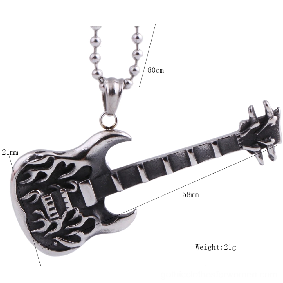 Guitar pendant necklace with size specifications and weight reference showing dimensions for gothic rock alternative jewelry