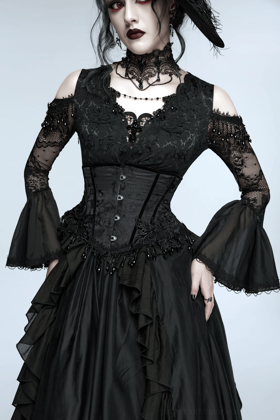 Elegant black gothic corset overall product styling with beaded elements