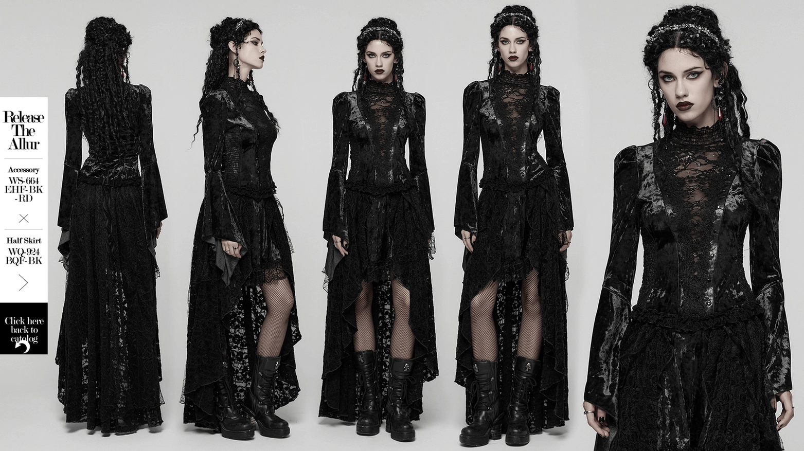 Main product image of elegant black velvet lace gothic top with flared sleeves, high neck, and corset-style back lacing
