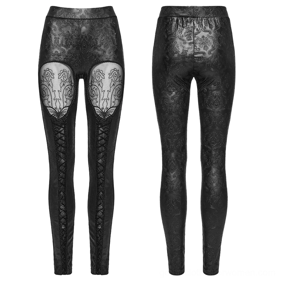Black gothic embossed leggings with mesh cutouts, flat lay product shot front and back