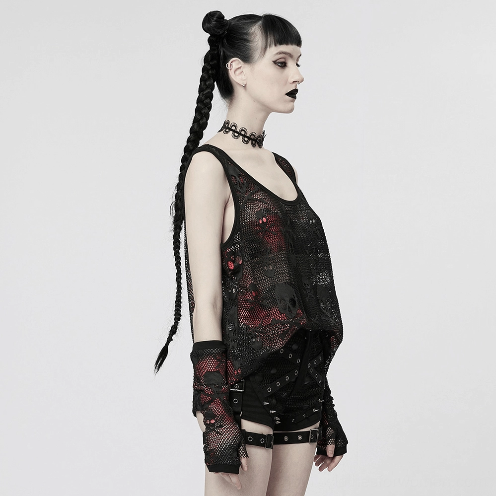 Detail shot of embroidered skull crossbone motif on transparent black mesh fabric of gothic tank