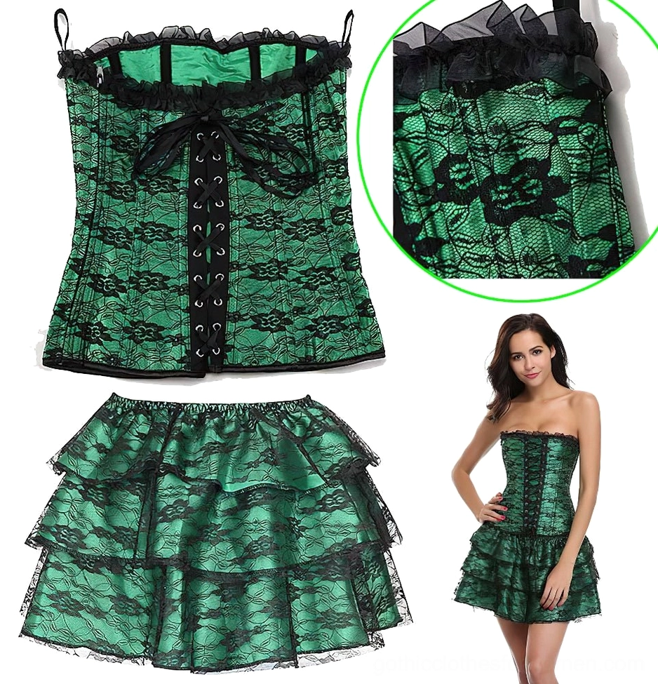 Strapless emerald lace-up corset top close-up, featuring black floral lace pattern, ruffled neckline, and green satin base layer