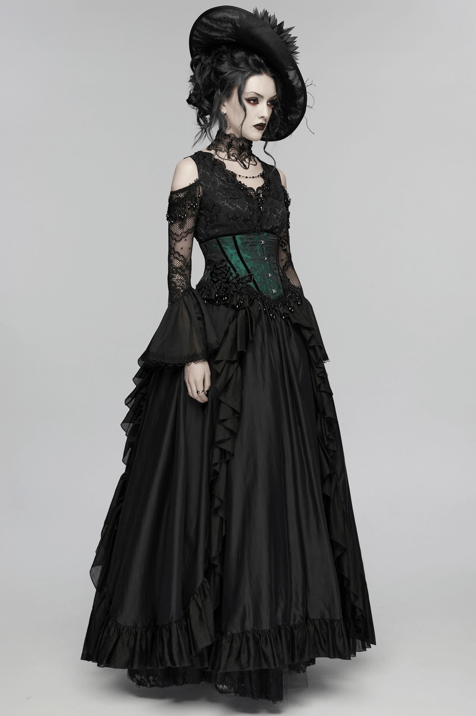 Emerald jacquard gothic corset underbust style displayed flat, front three-quarter angle showing dimensional rose textile and beading