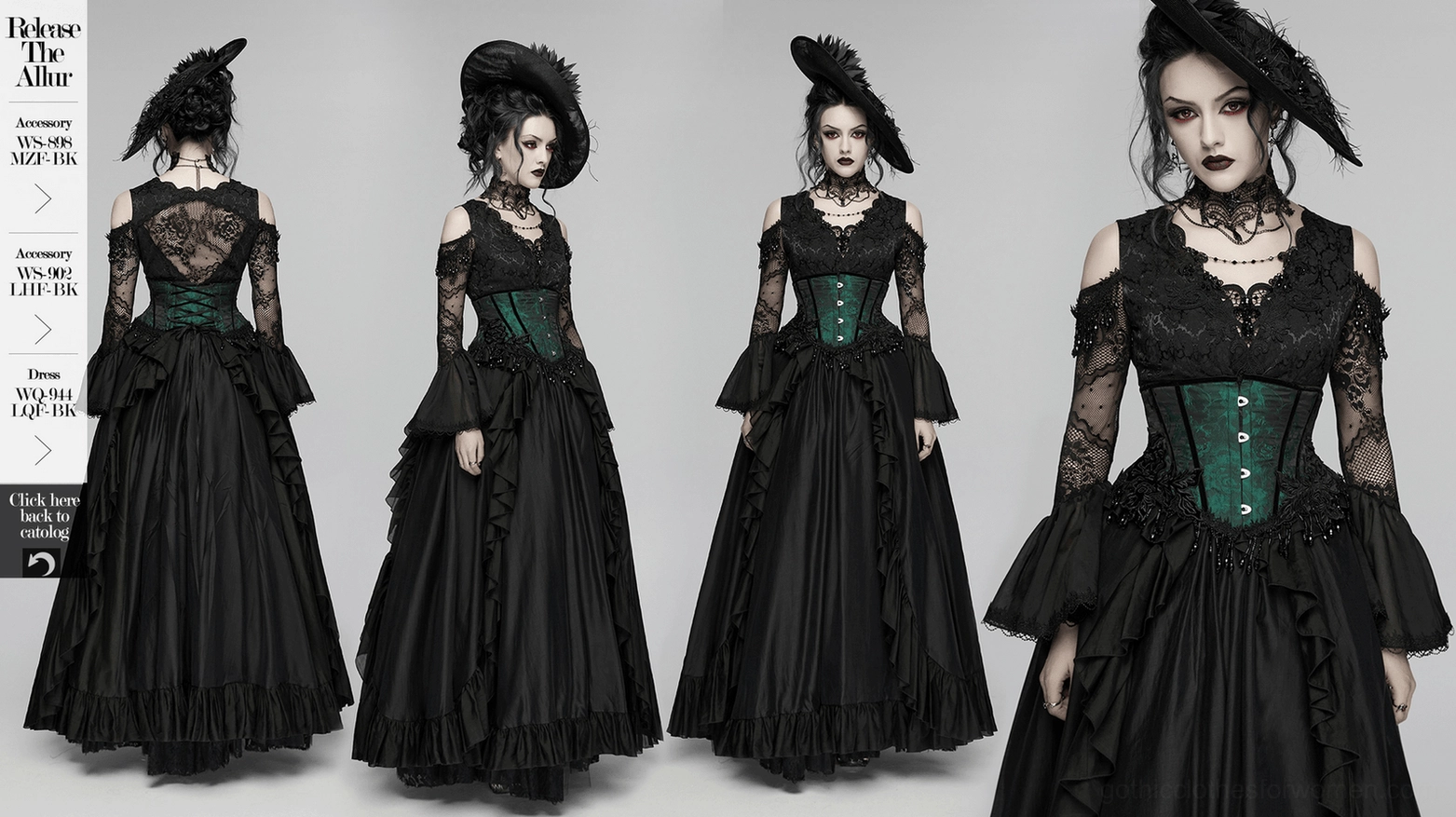 Complete emerald jacquard gothic underbust corset displayed with professional studio lighting highlighting fabric texture and beaded embellishments