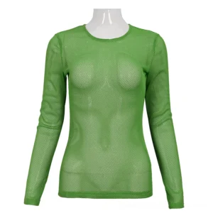 Emerald green sheer mesh long sleeve gothic top front view on dress form with crew neckline and fitted silhouette
