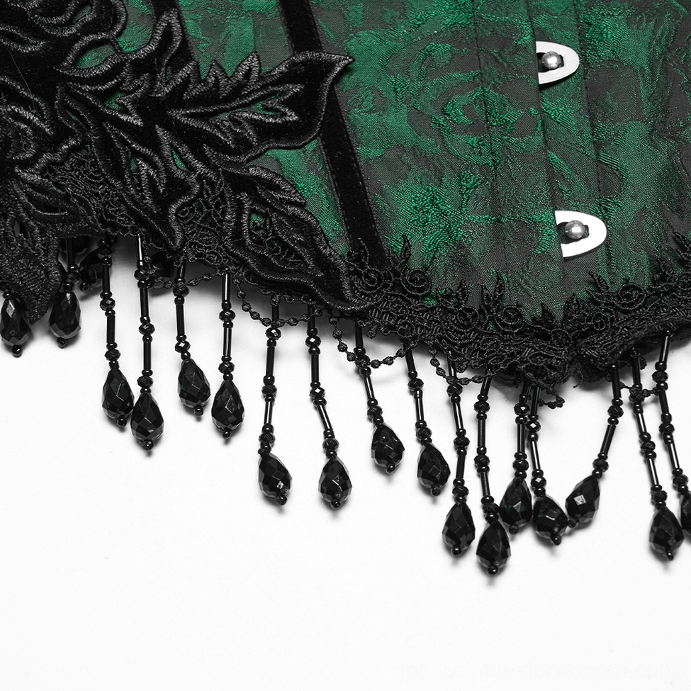 Emerald jacquard gothic underbust corset detail shot highlighting diagonal panel segmentation and dimensional rose jacquard fabric weave
