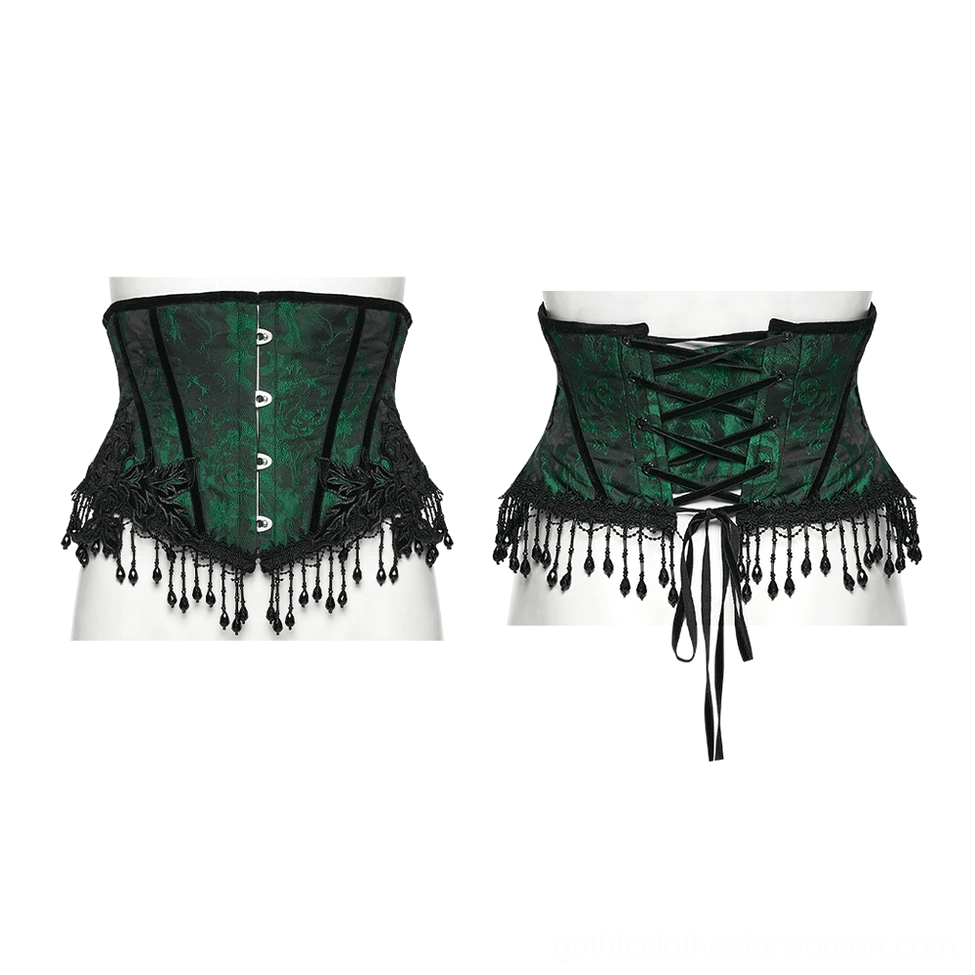 Flat lay comparison of emerald green jacquard gothic underbust corset, front and back views showing rose jacquard pattern and beaded tassel trims