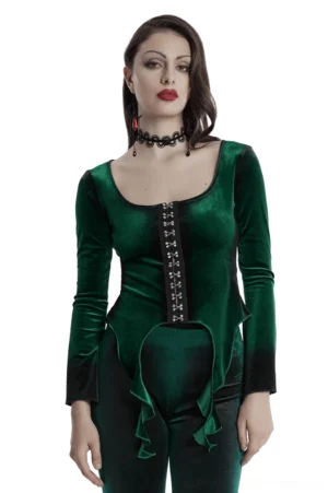 Emerald velvet gothic top with metal buckles worn by model, front view showing square collar and flared sleeves against white background