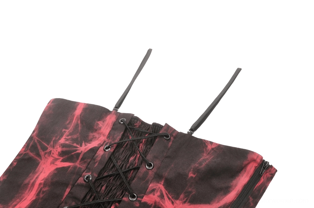 Detailed view of red and black tie-dye eyelet lace-up back closure system on gothic corset top