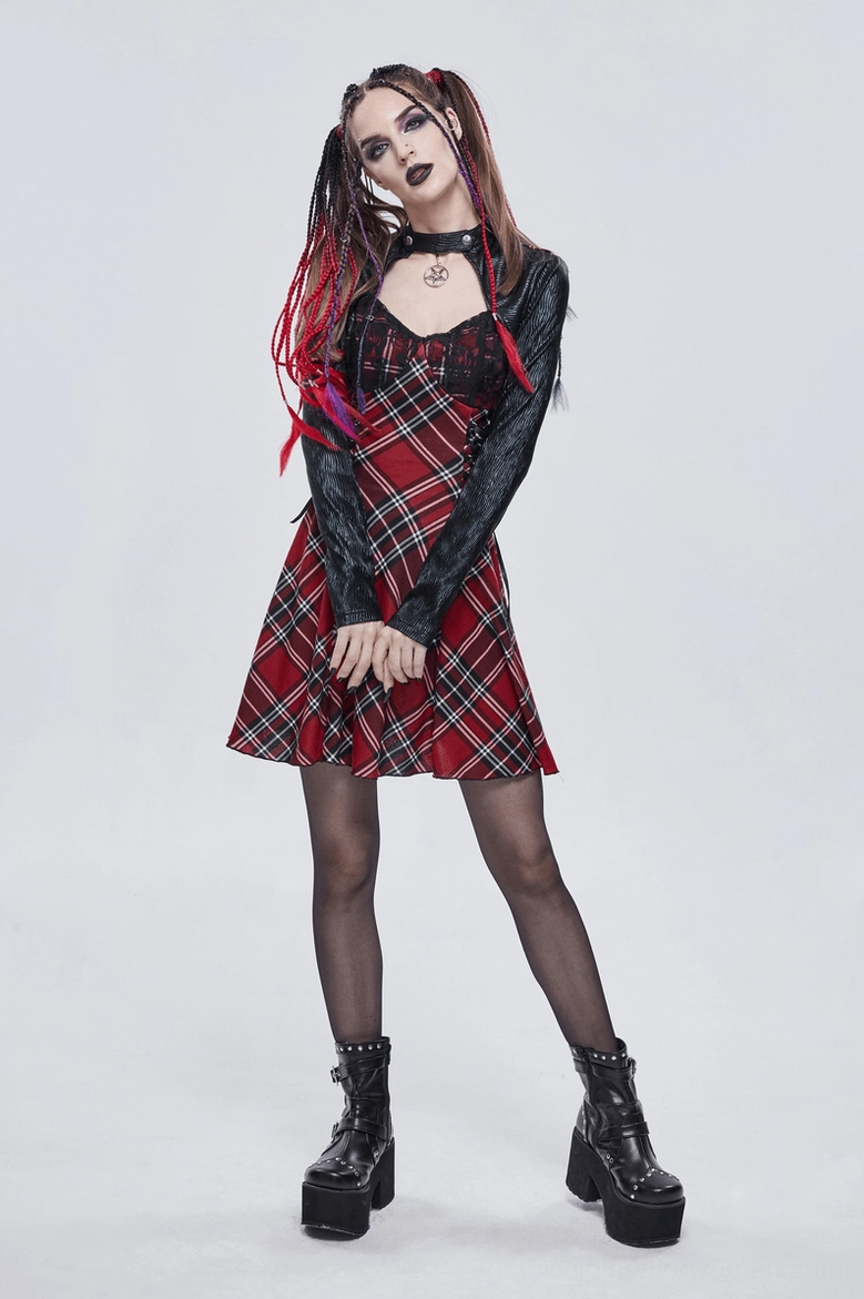 Black and red pentagram gothic plaid dress fabric texture - knit weave and patchwork construction