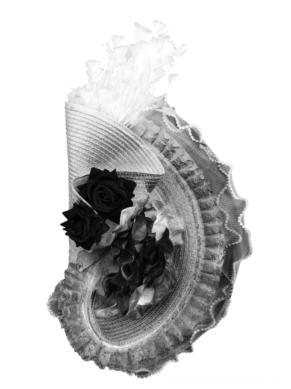 Close-up front view of gothic fascinator hat showing woven base, feather plume, and black roses