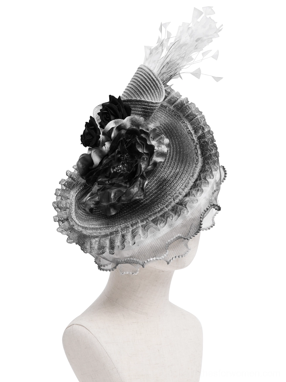 Gothic fascinator hat side-back view on mannequin showing ruffled mesh trim and large floral adornment