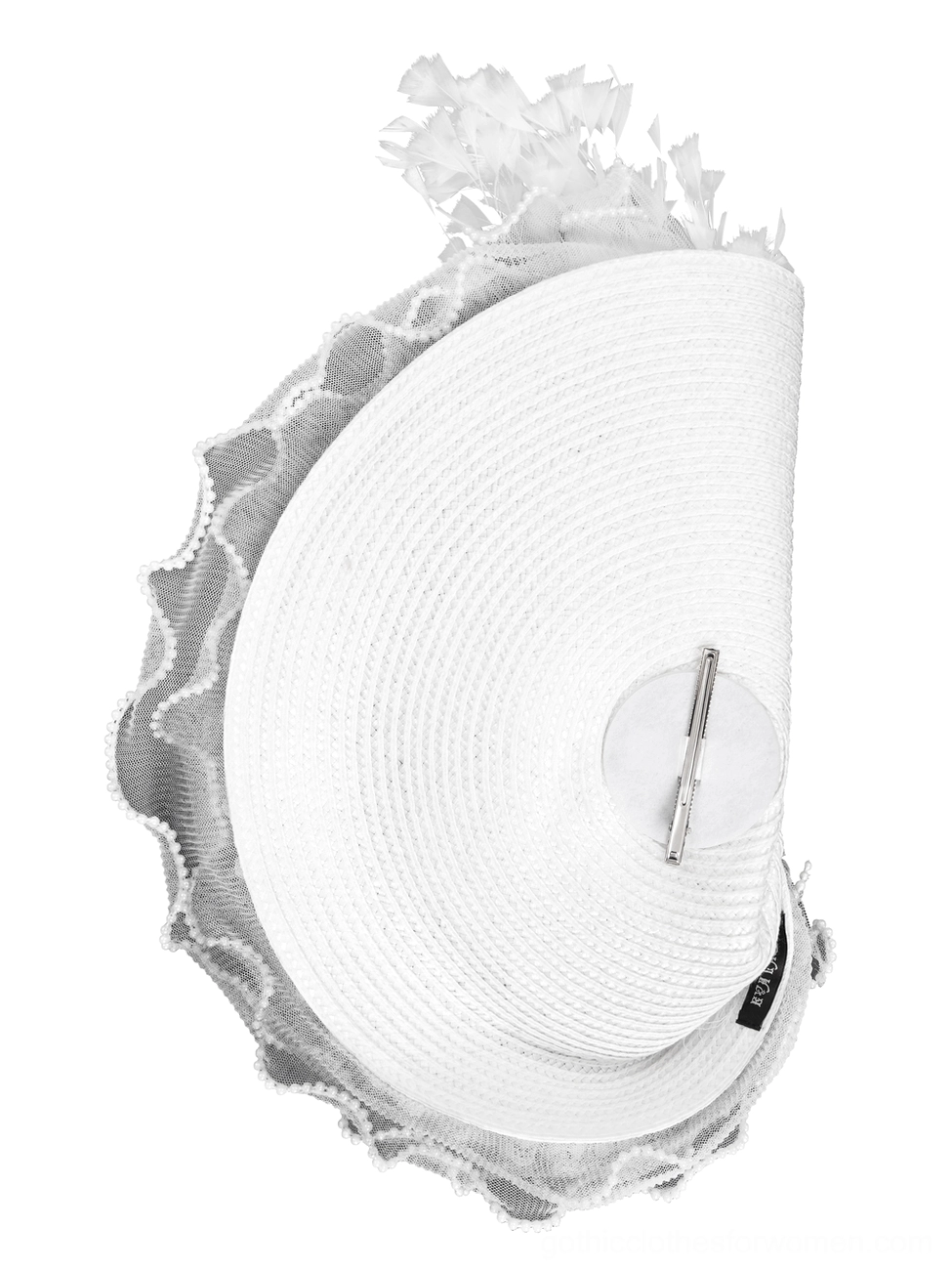 Rear view of gothic fascinator hat displaying white woven base, fixing clip mechanism, and ruffled mesh edge