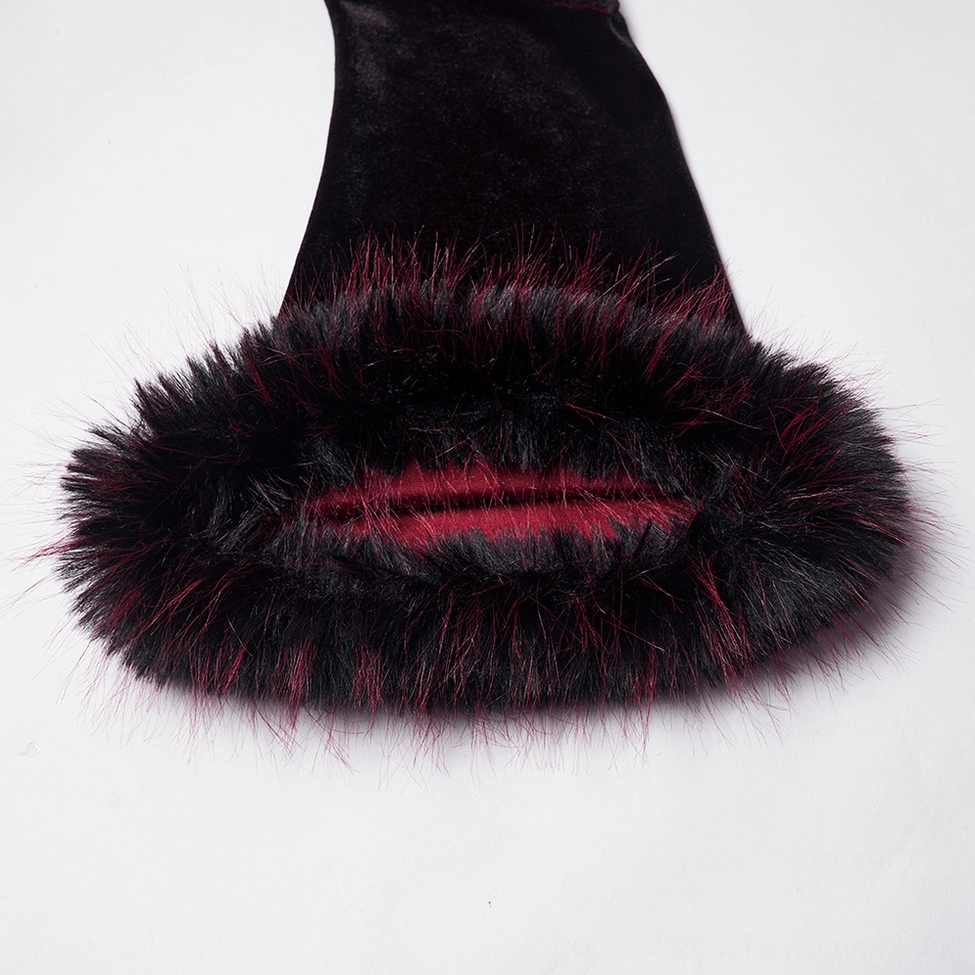 Black faux fur feather trim detail on burgundy velvet gothic dress sleeve