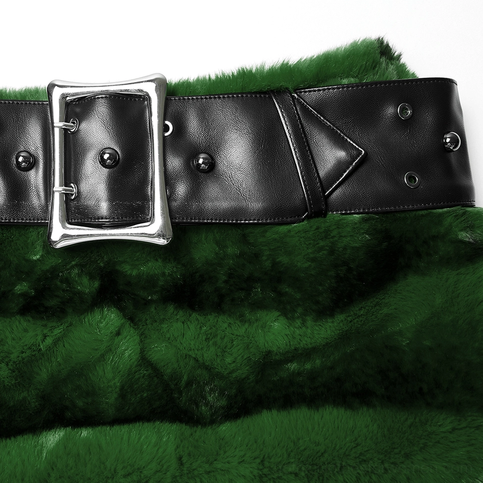 Black and green faux fur gothic mini skirt with detachable studded belt - alternative fashion styling
