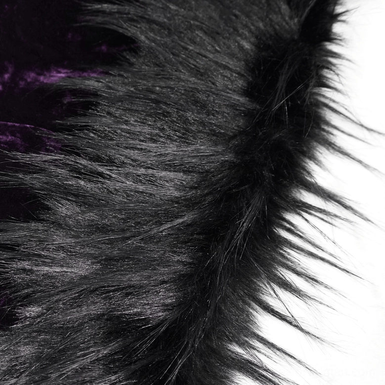 Close-up texture detail of fluffy black faux fur lining used in gothic cape hood