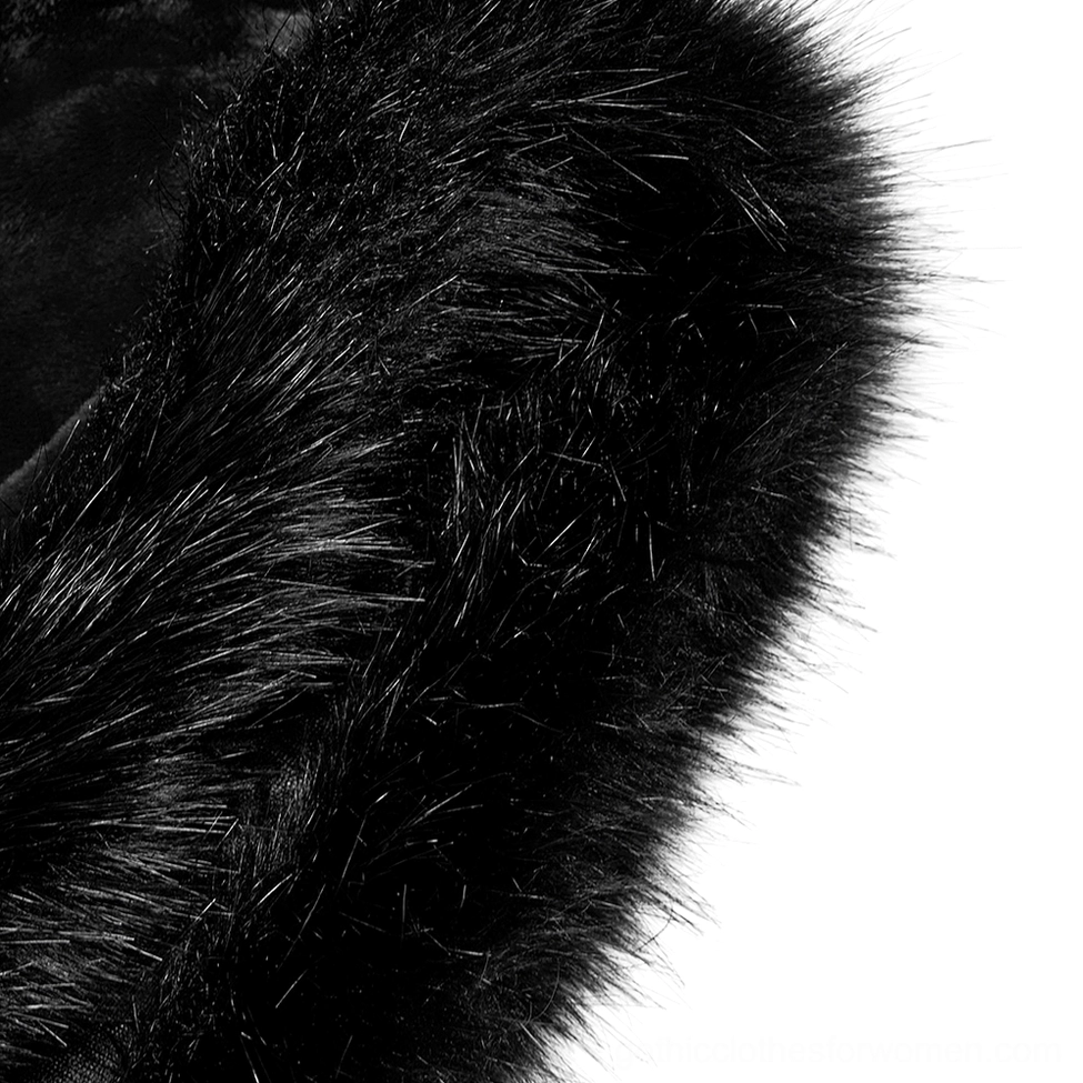 Macro texture close-up of faux rabbit fur trim on Gothic cloak showing plush density