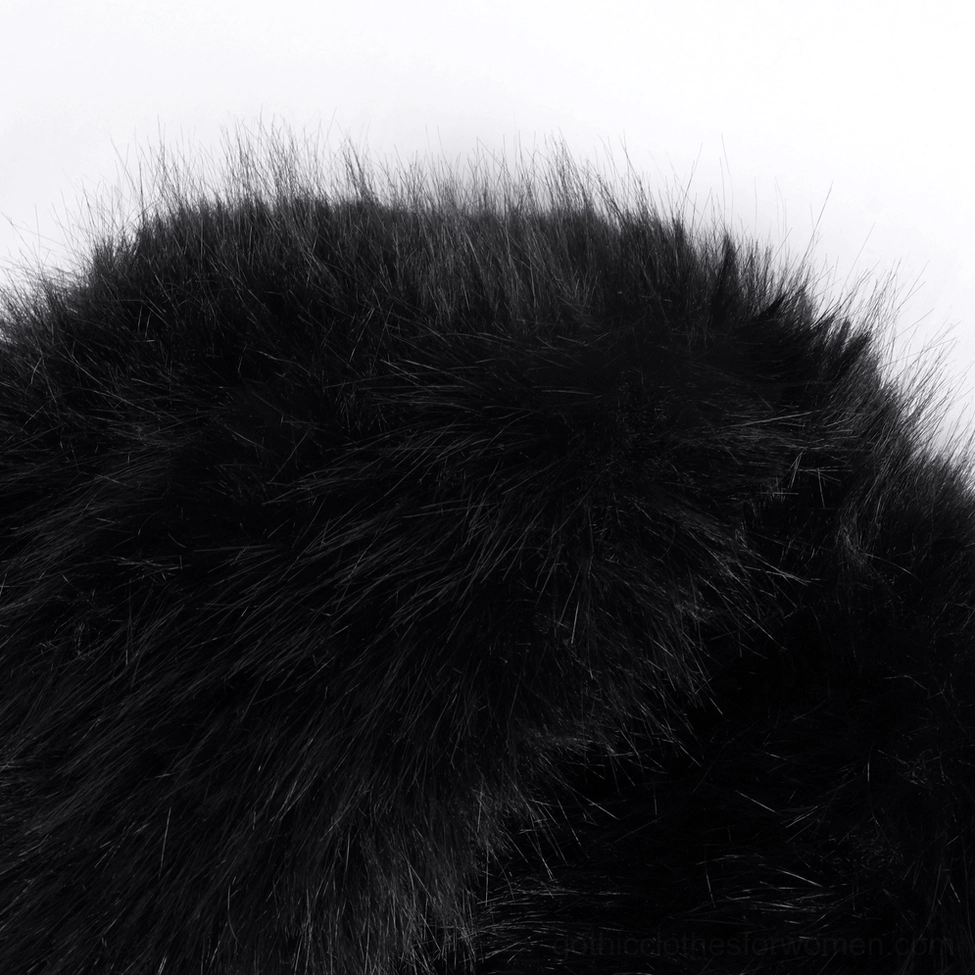 Texture detail of fluffy black faux fur trim with dense pile on gothic jacket cuffs