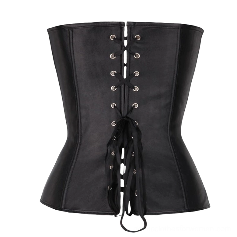 Black faux leather strapless corset top with back lace-up closure and adjustable fit