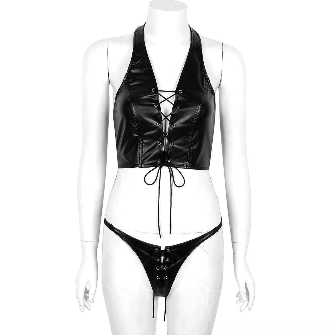 Black faux leather gothic lingerie set on mannequin front view showing halter neck lace-up top and matching thong
