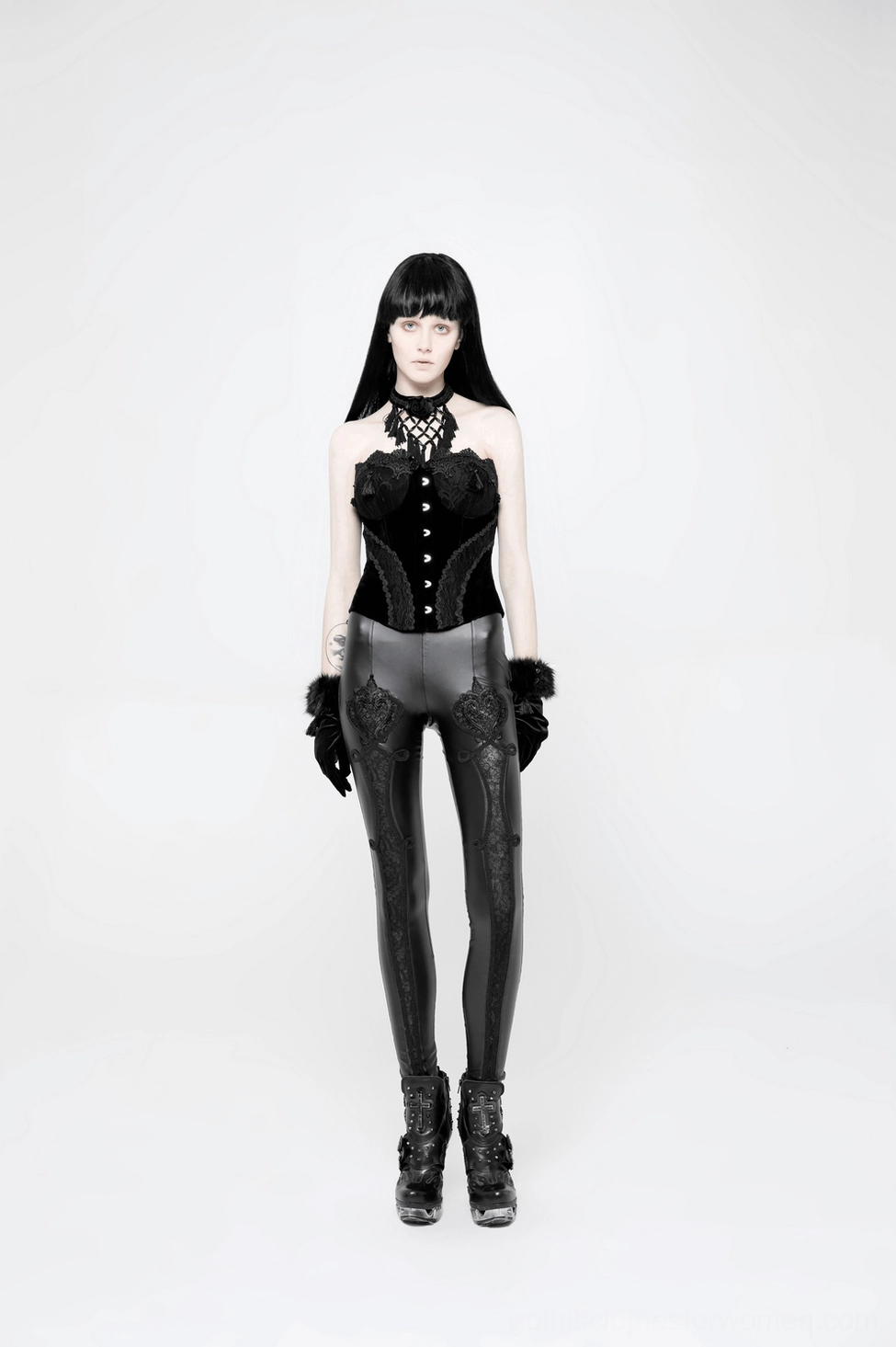 Black faux leather leggings with lace overlay flat lay showing design details