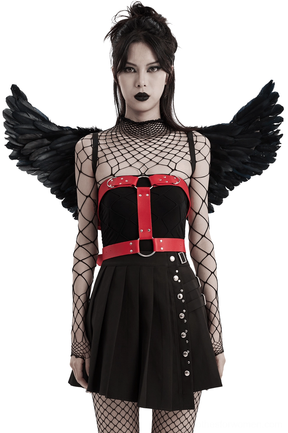 Black feather demon wings harness front view on female model wearing fishnet, red waist harness and silver chain embellishments