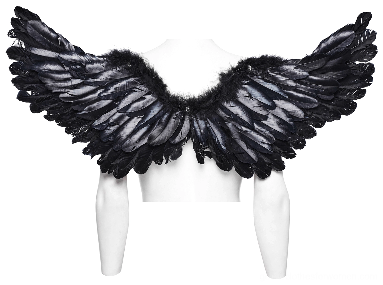 Black feather wing harness with thin straps displayed on mannequin simple construction detail view