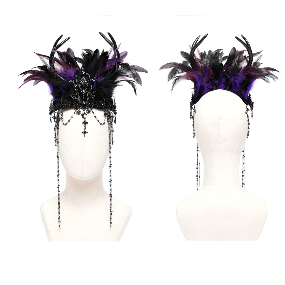 Mannequin display of black-purple feathered gothic crown with central cross pendant chains, front view on white background