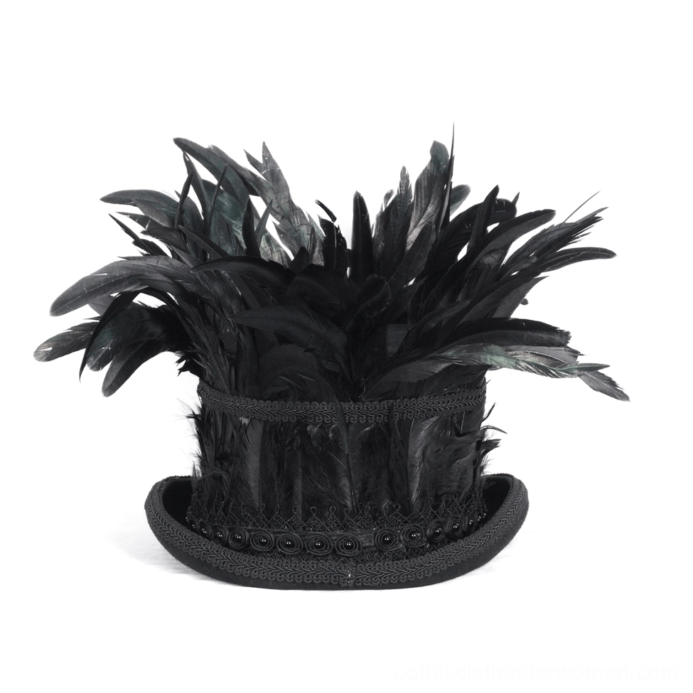 Black feathered top hat with woven band minimal embellishment showing natural feather texture