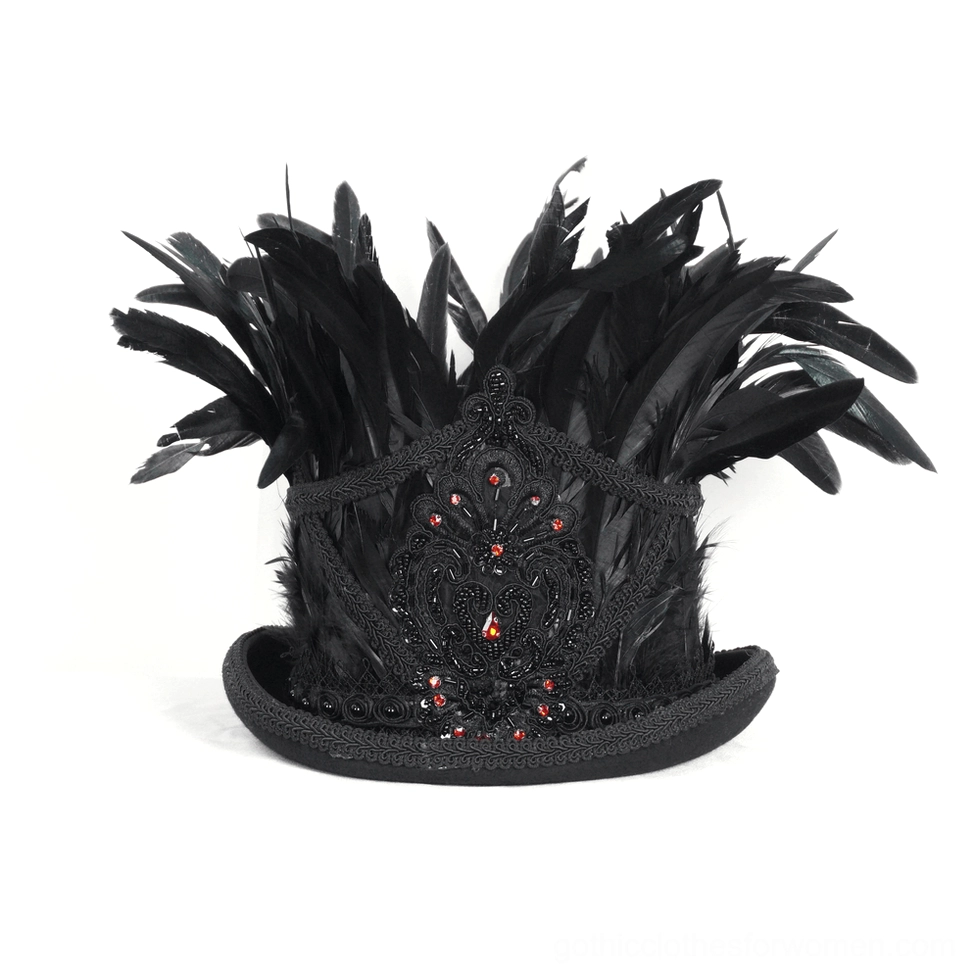 Overhead front view of black feathered top hat with dense feather decorations and red jewel trim