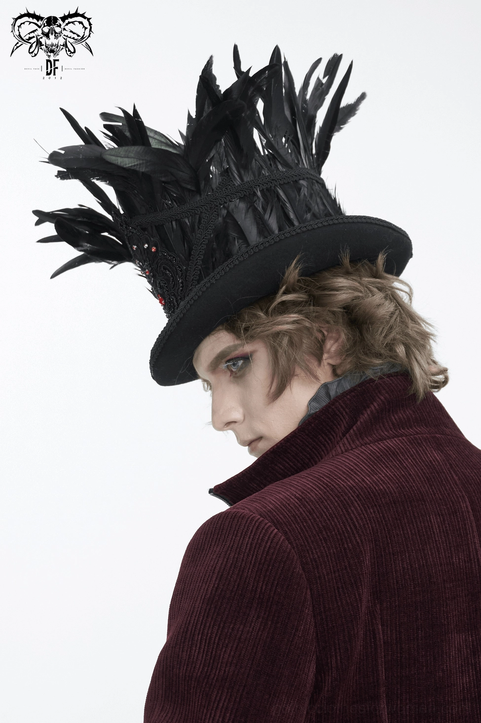 Black feathered top hat featuring red gemstone embroidery and feather accents detail