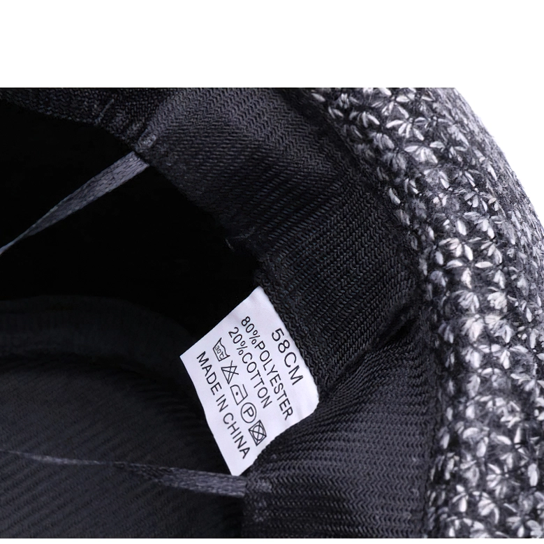 Interior tag and size label of fedora hat showing 58cm measurement and made in China information