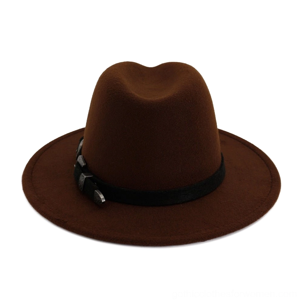 Fedora hat profile view showcasing classic gothic silhouette and belt buckle hardware