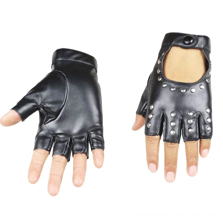Two styles of fingerless PU gloves comparison, flat front view showing plain and rivet-decorated variants