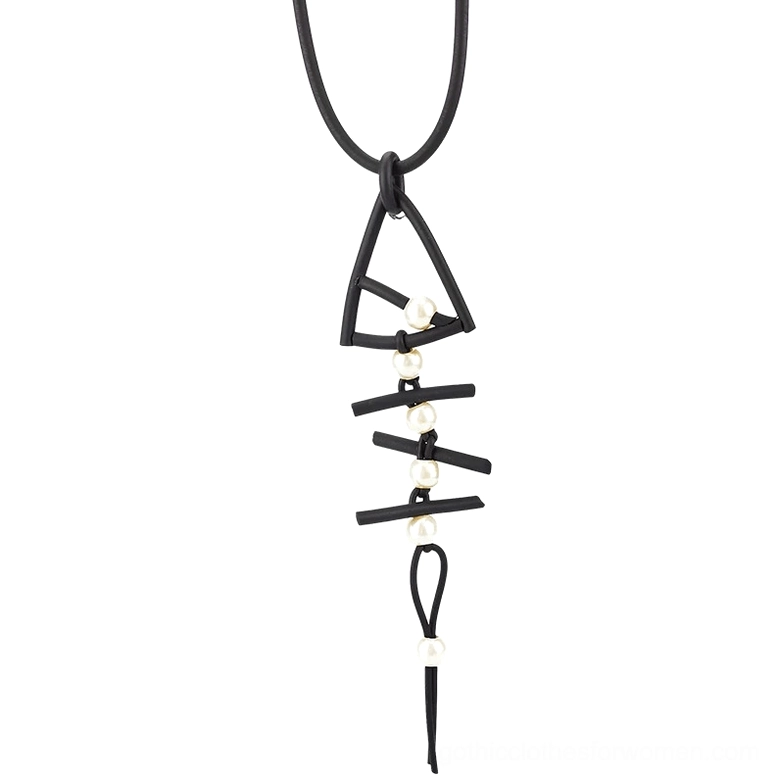 Compact fish bone gothic necklace hanging view, featuring slim black cord with small faux pearls on white background