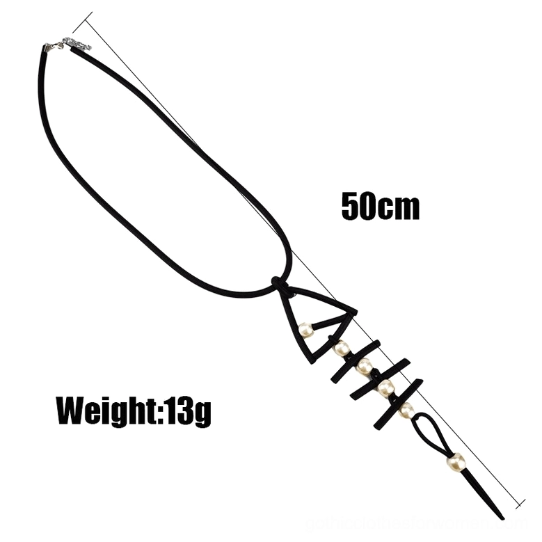 Long fish bone pendant necklace flat lay showing 50cm length and 13g weight, with pearl design and metal clasp details
