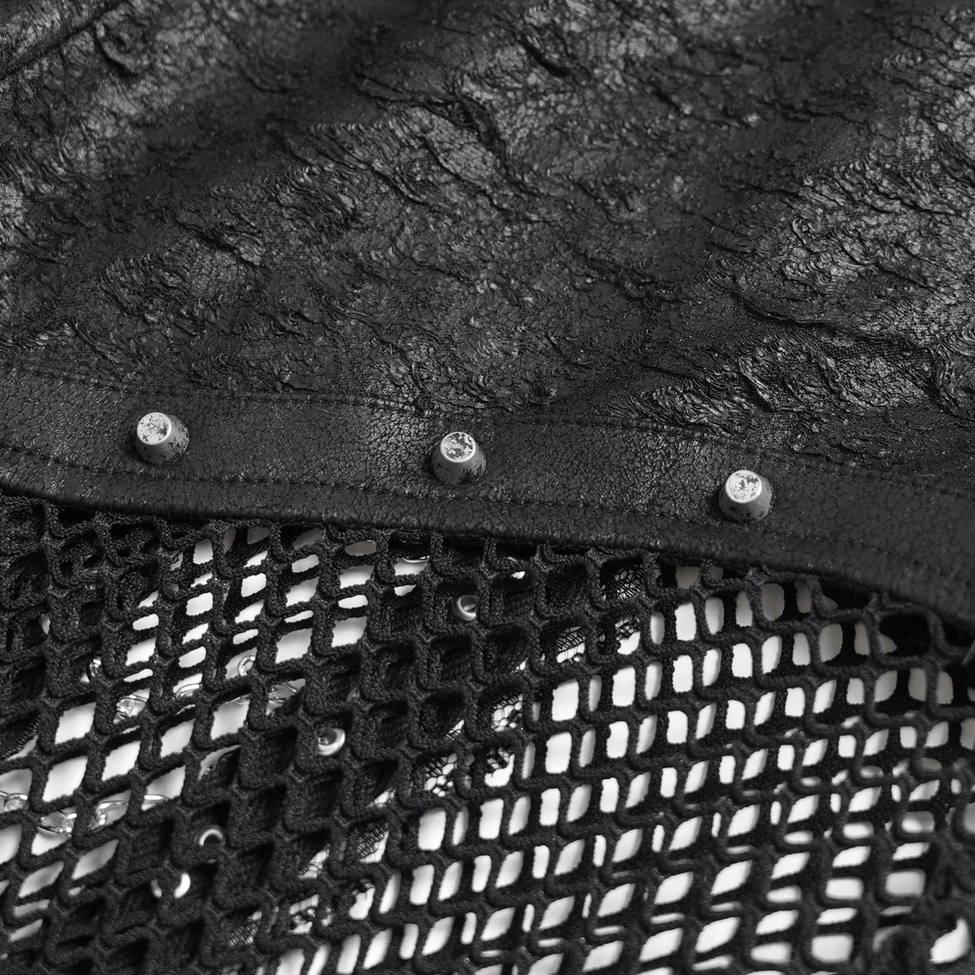 High-resolution fabric texture of gothic fishnet pants showing mesh weave and elastane blend