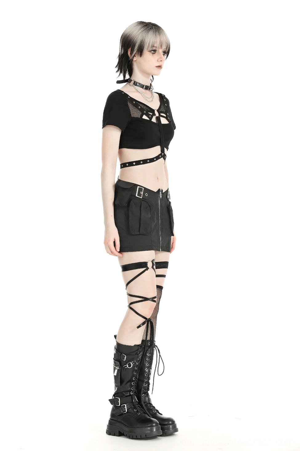 Full product view of fishnet gothic crop top in black with O-ring and eyelet design