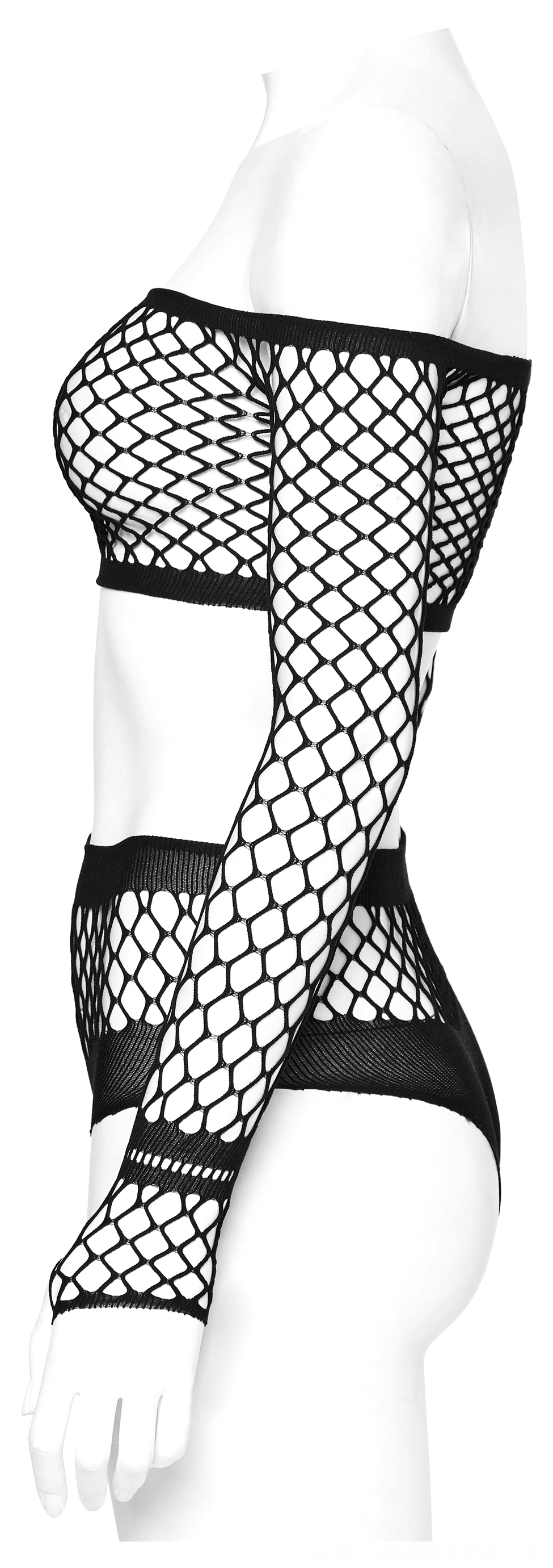 Fitted black fishnet lingerie set with long sleeves - side profile silhouette view