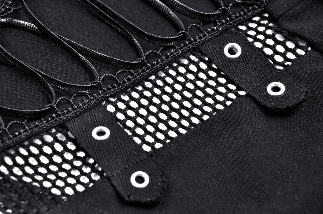 Fishnet mesh lace-up detail with metal eyelet straps and leather laces on black crop top