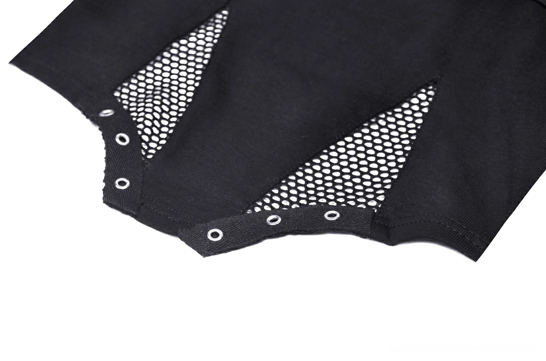 Close-up of fishnet mesh panels with metal eyelet trims on black gothic crop top, texture detail