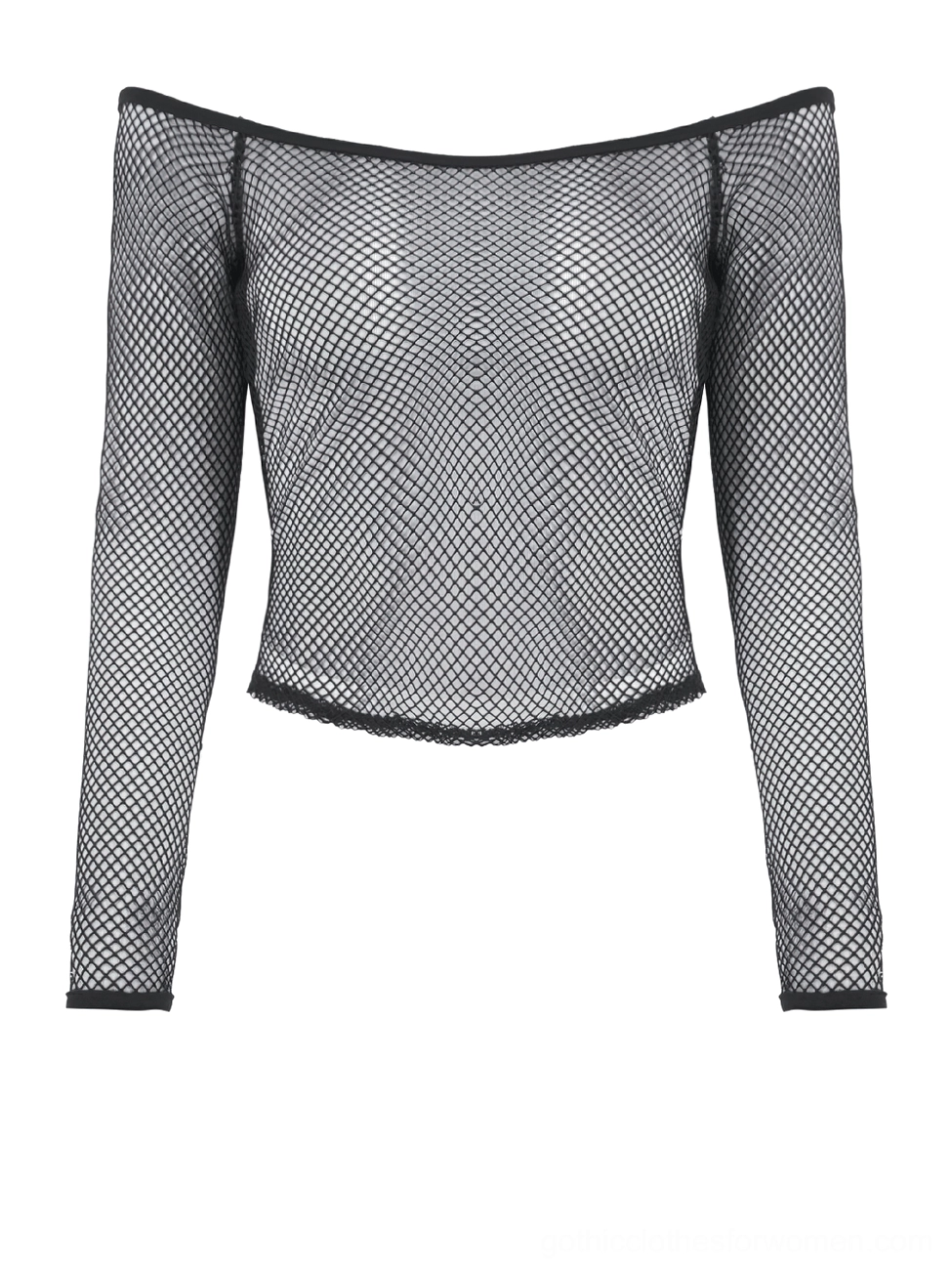 Black fishnet off-shoulder top flat lay front view white background